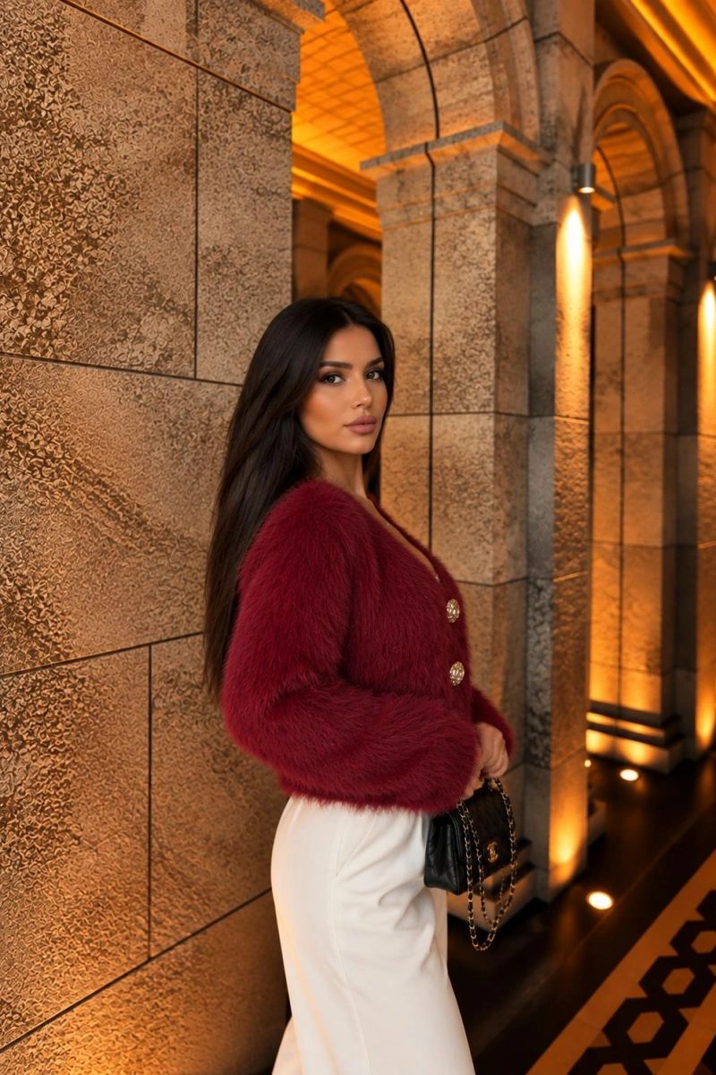 BORDO SAKALLI GOLD DÜĞMELİ V YAKA TRİKO