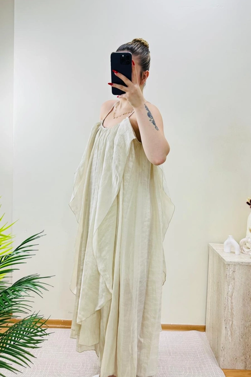 BÜZGÜLÜ ASKILI EKRU MAXİ BOY ELBİSE
