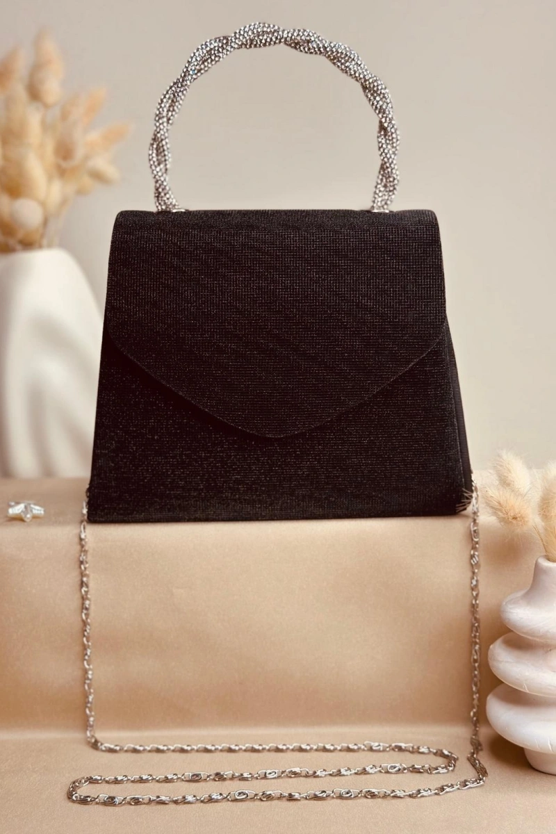 ELORA LUREX DOKULU SİMLİ SİYAH ÇANTA