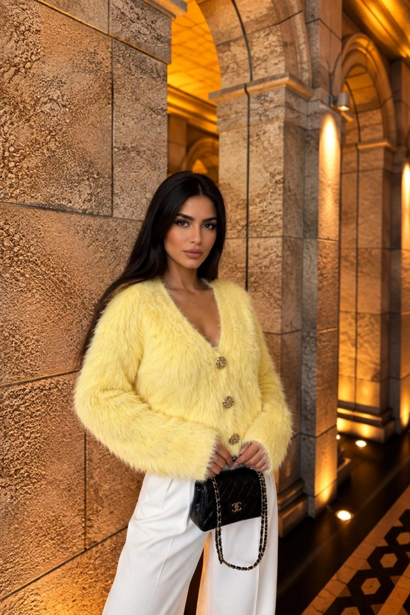 SARI SAKALLI GOLD DÜĞMELİ V YAKA TRİKO