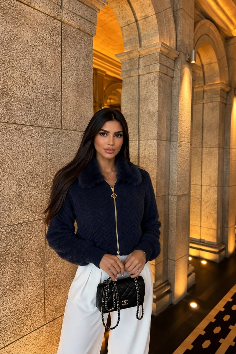 YAKA KÜRK DETAYLI LACİVERT TRİKO CEKET&HIRKA