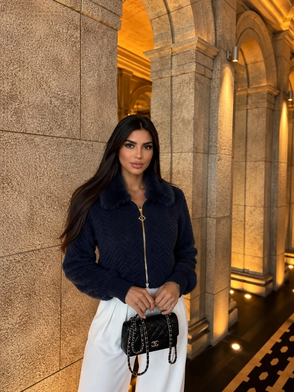 YAKA KÜRK DETAYLI LACİVERT TRİKO CEKET&HIRKA