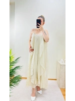 BÜZGÜLÜ ASKILI EKRU MAXİ BOY ELBİSE