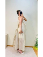 BÜZGÜLÜ ASKILI EKRU MAXİ BOY ELBİSE