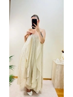 BÜZGÜLÜ ASKILI EKRU MAXİ BOY ELBİSE
