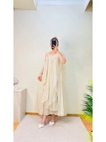 BÜZGÜLÜ ASKILI EKRU MAXİ BOY ELBİSE