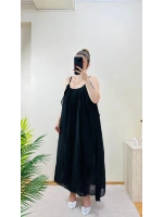 BÜZGÜLÜ ASKILI SİYAH MAXİ BOY ELBİSE