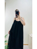 BÜZGÜLÜ ASKILI SİYAH MAXİ BOY ELBİSE