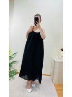 BÜZGÜLÜ ASKILI SİYAH MAXİ BOY ELBİSE