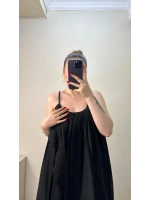 BÜZGÜLÜ ASKILI SİYAH MAXİ BOY ELBİSE