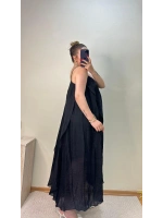 BÜZGÜLÜ ASKILI SİYAH MAXİ BOY ELBİSE