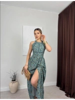 HALTER YAKA SIRT DEKOLTE YEŞİL MAXİ ELBİSE