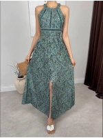 HALTER YAKA SIRT DEKOLTE YEŞİL MAXİ ELBİSE