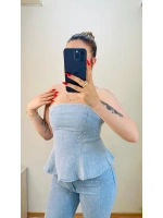 TAŞLI PEPLUM STRAPLEZ DENİM İKİLİ TAKIM