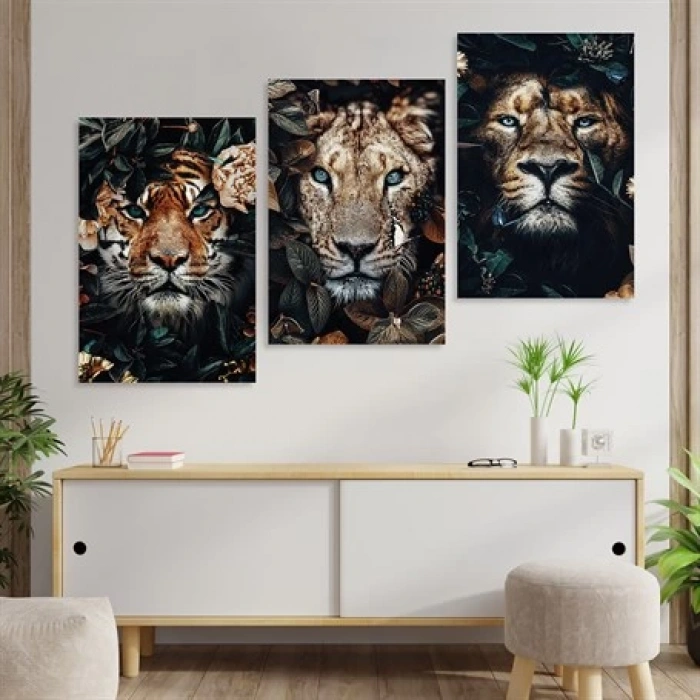 Afrikalı Aslanlar 3lü Duvar Tablo Seti