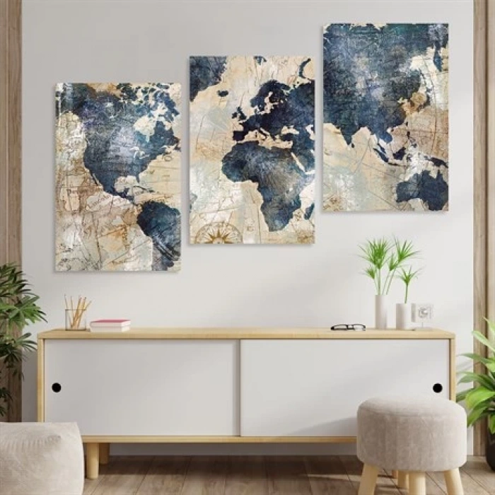 Eskimiş Desenli Dünya Haritası 3lü Duvar Tablo Seti