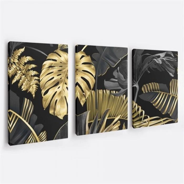 Gold Çiçekler 3lü Duvar Tablo Seti