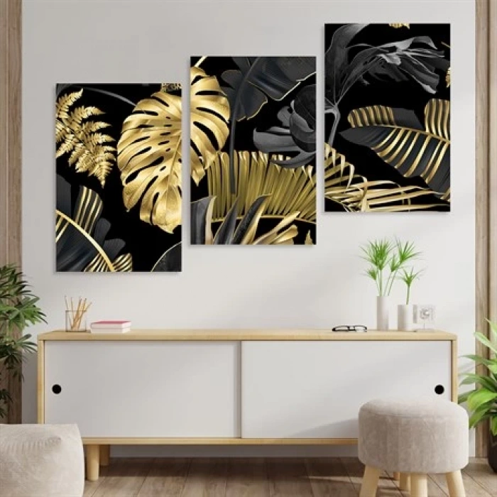 Gold Çiçekler 3lü Duvar Tablo Seti