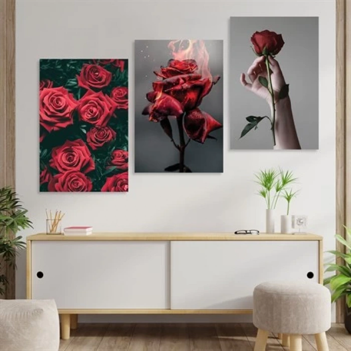 Kırmızı Estetik Güller 3lü Duvar Tablo Seti
