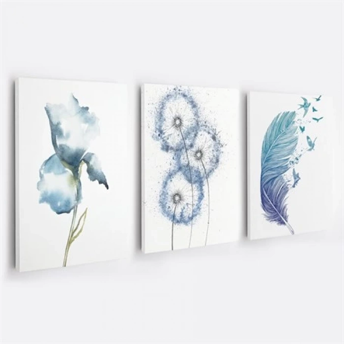 Mavi Tüy ve Çiçek 3lü Duvar Tablo Seti