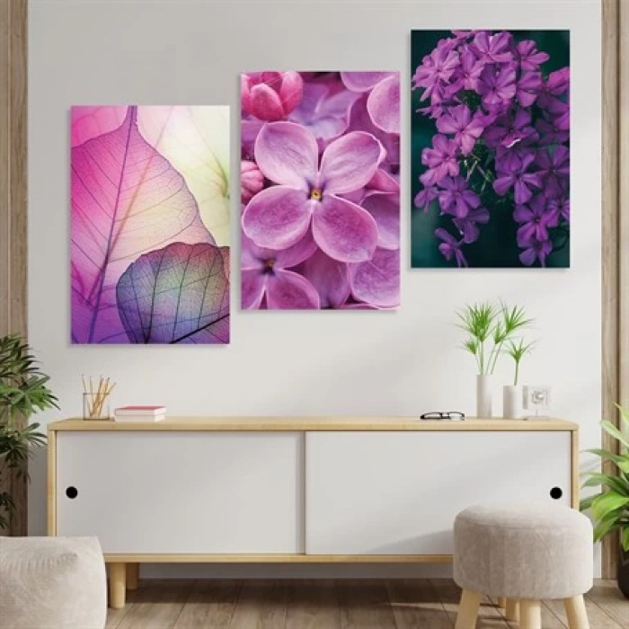 Mor Çiçek Resimli 3lü Duvar Tablo Seti