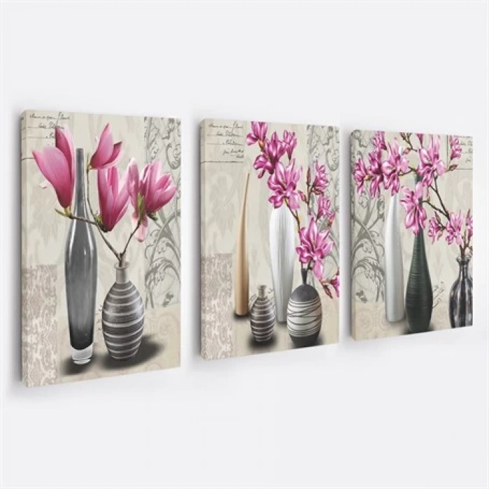 Saksılı Pembe Çiçekler 3lü Duvar Tablo Seti