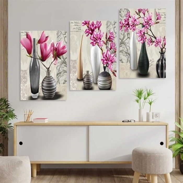 Saksılı Pembe Çiçekler 3lü Duvar Tablo Seti