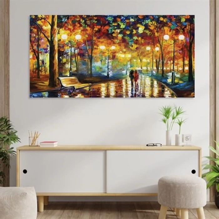 Yağlı Boya Görünümlü Yağmurlu Sokak Kanvas Tablo