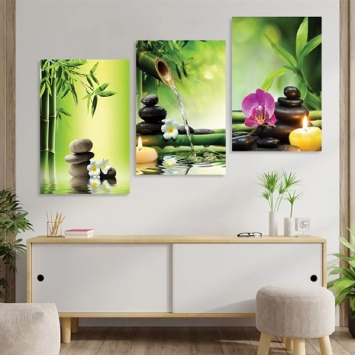 Yeşil Bambu Ağacı 3lü Duvar Tablo Seti