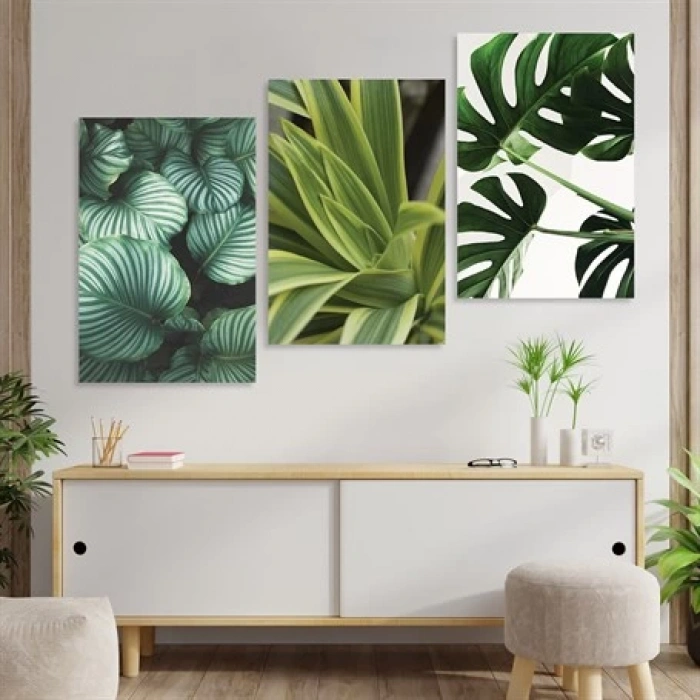 Yeşil Çiçekler 3lü Duvar Tablo Seti