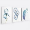 Mavi Tüy ve Çiçek 3lü Duvar Tablo Seti