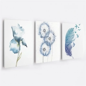 Mavi Tüy ve Çiçek 3lü Duvar Tablo Seti