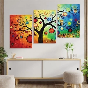 Renkli Soyut Ağaç 3lü Duvar Tablo Seti
