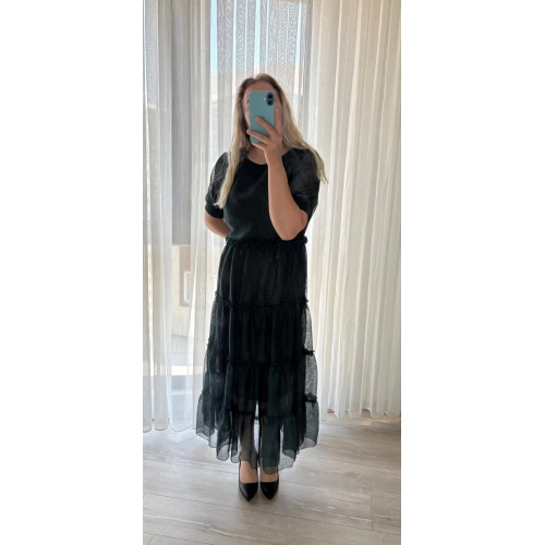 Belinaybutik Kat Etekli Zümrüt Yeşili Tül Elbise