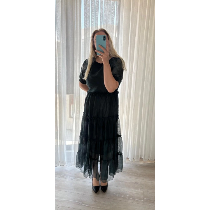 Belinaybutik Kat Etekli Zümrüt Yeşili Tül Elbise