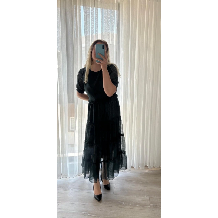 Belinaybutik Kat Etekli Zümrüt Yeşili Tül Elbise