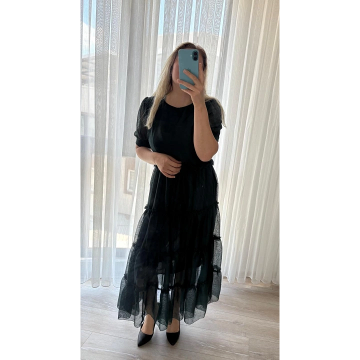 Belinaybutik Kat Etekli Zümrüt Yeşili Tül Elbise