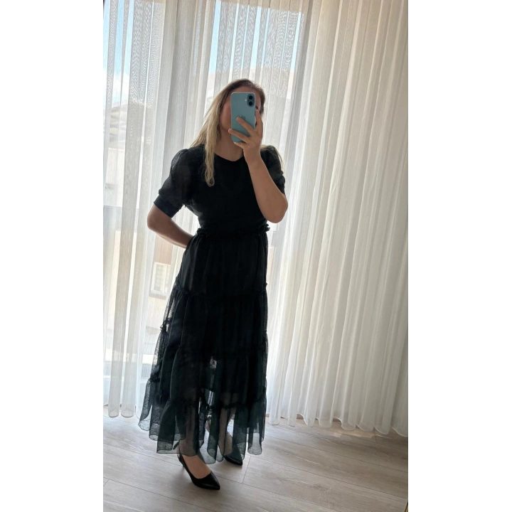 Belinaybutik Kat Etekli Zümrüt Yeşili Tül Elbise