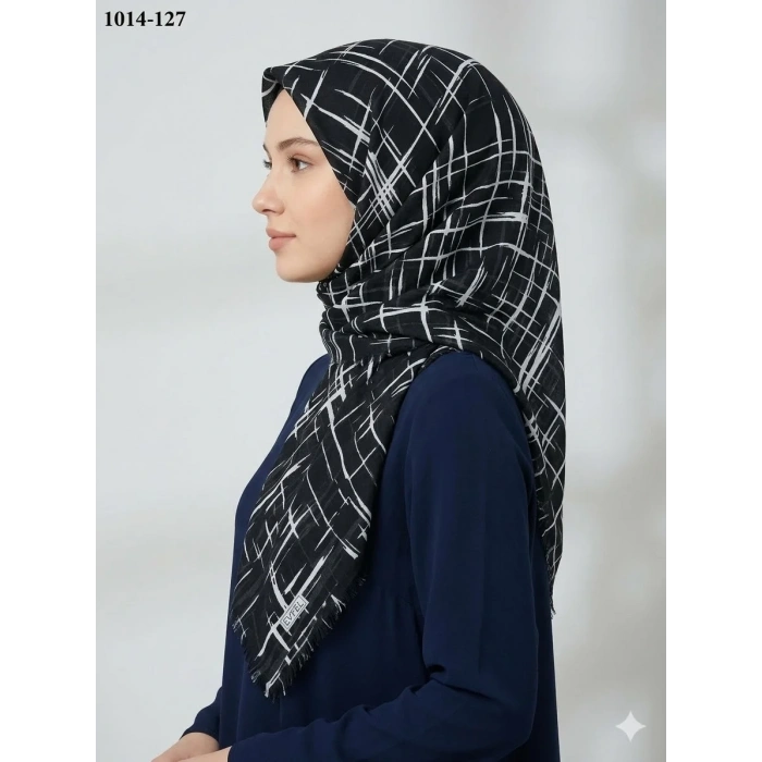 Eyfel Desenli Dimi Pamuk Eşarp (Siyah - Beyaz Serisi) 1014-127