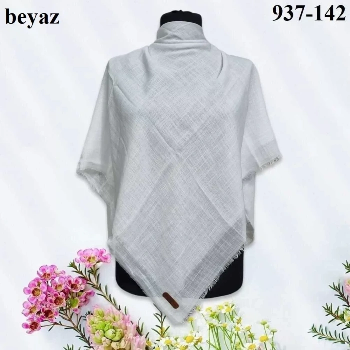 Soft İpek Düz Renk Flamlı Pamuk Eşarp (Beyaz) 937-142
