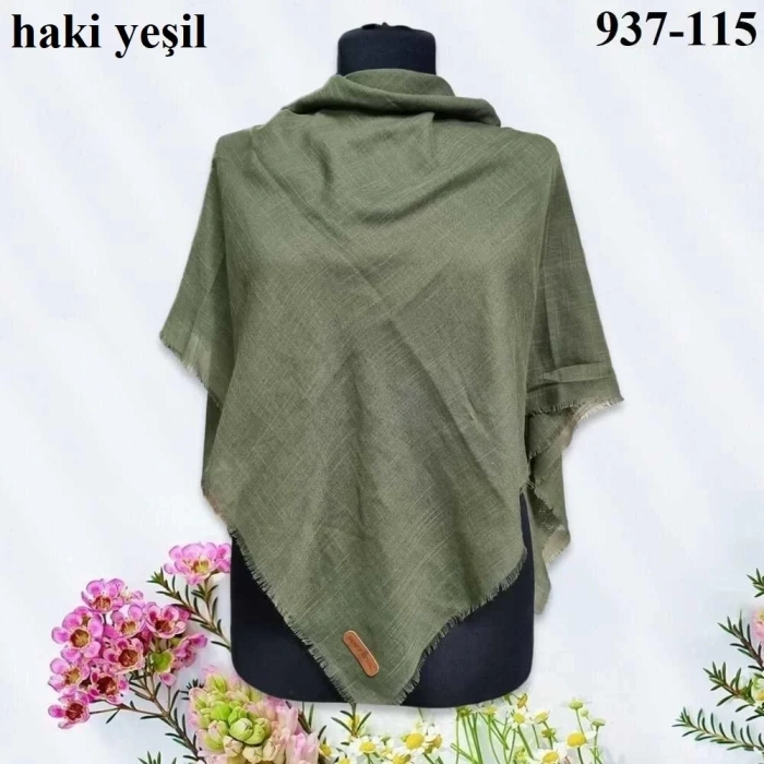 Soft İpek Düz Renk Flamlı Pamuk Eşarp (Haki Yeşil) 937-115