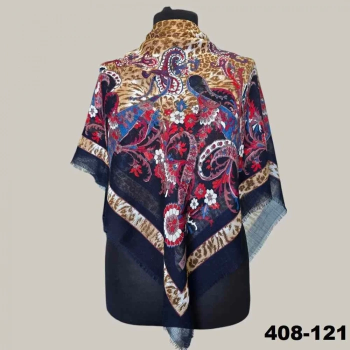Soft İpek Etnik Desenli Flamlı Kotton Eşarp 408-121