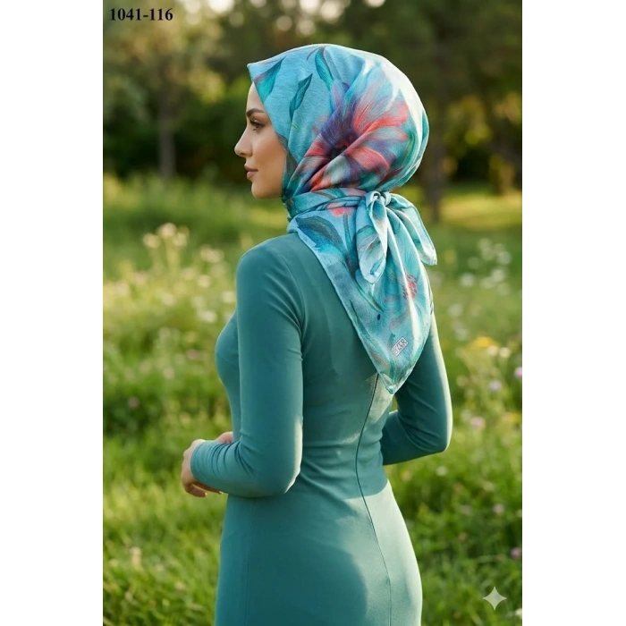 Zer Scarf Dijital Soft Pamuk Eşarp (Turkuaz-Kırmızı) 1041-116