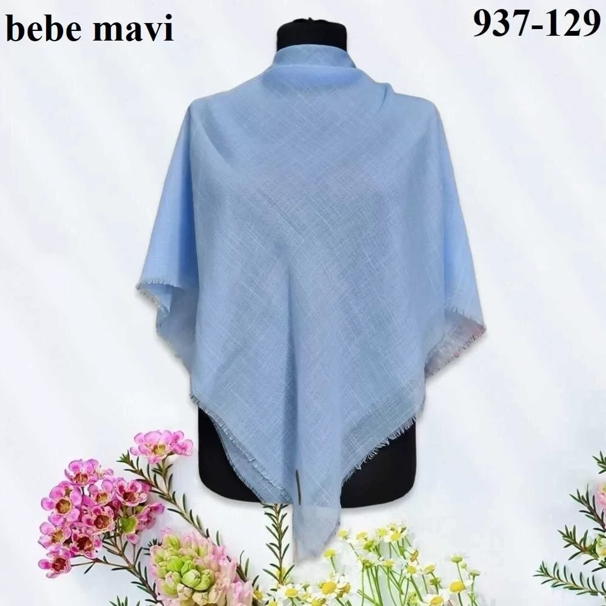 Soft İpek Düz Renk Flamlı Pamuk Eşarp (Bebe Mavi) 937-129
