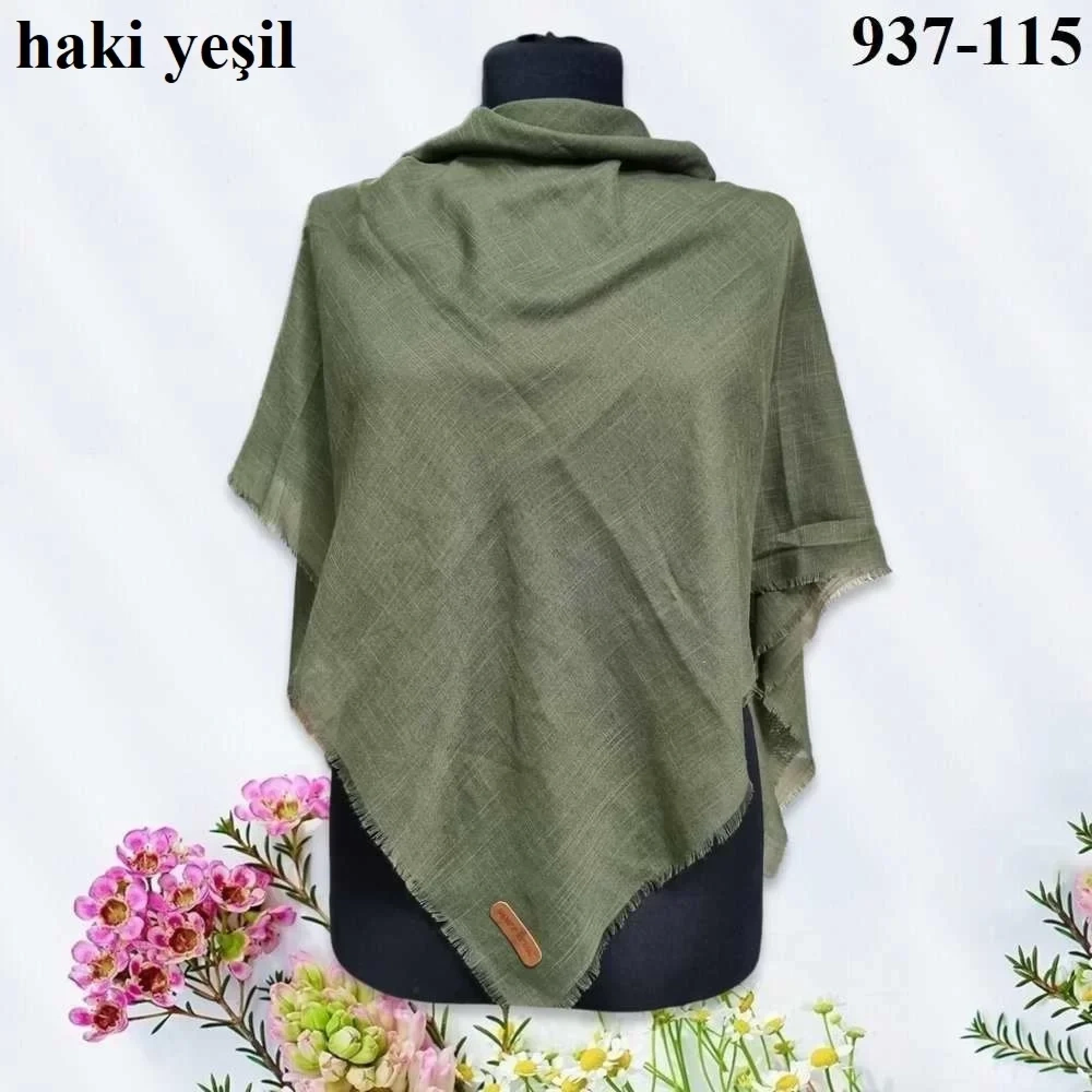 Soft İpek Düz Renk Flamlı Pamuk Eşarp (Haki Yeşil) 937-115