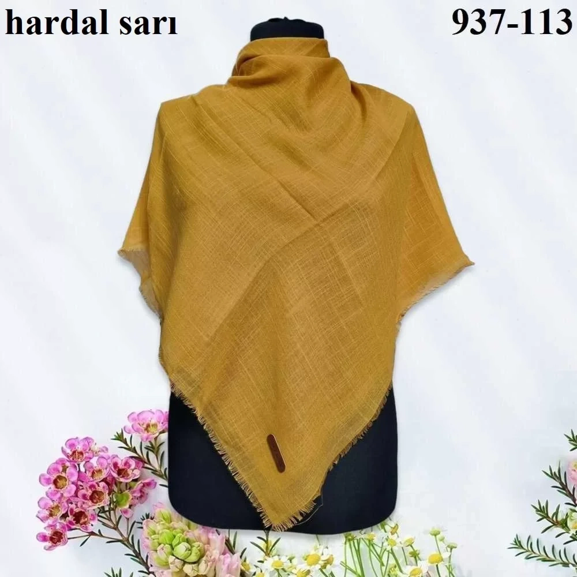 Soft İpek Düz Renk Flamlı Pamuk Eşarp (Hardal Sarı) 937-113