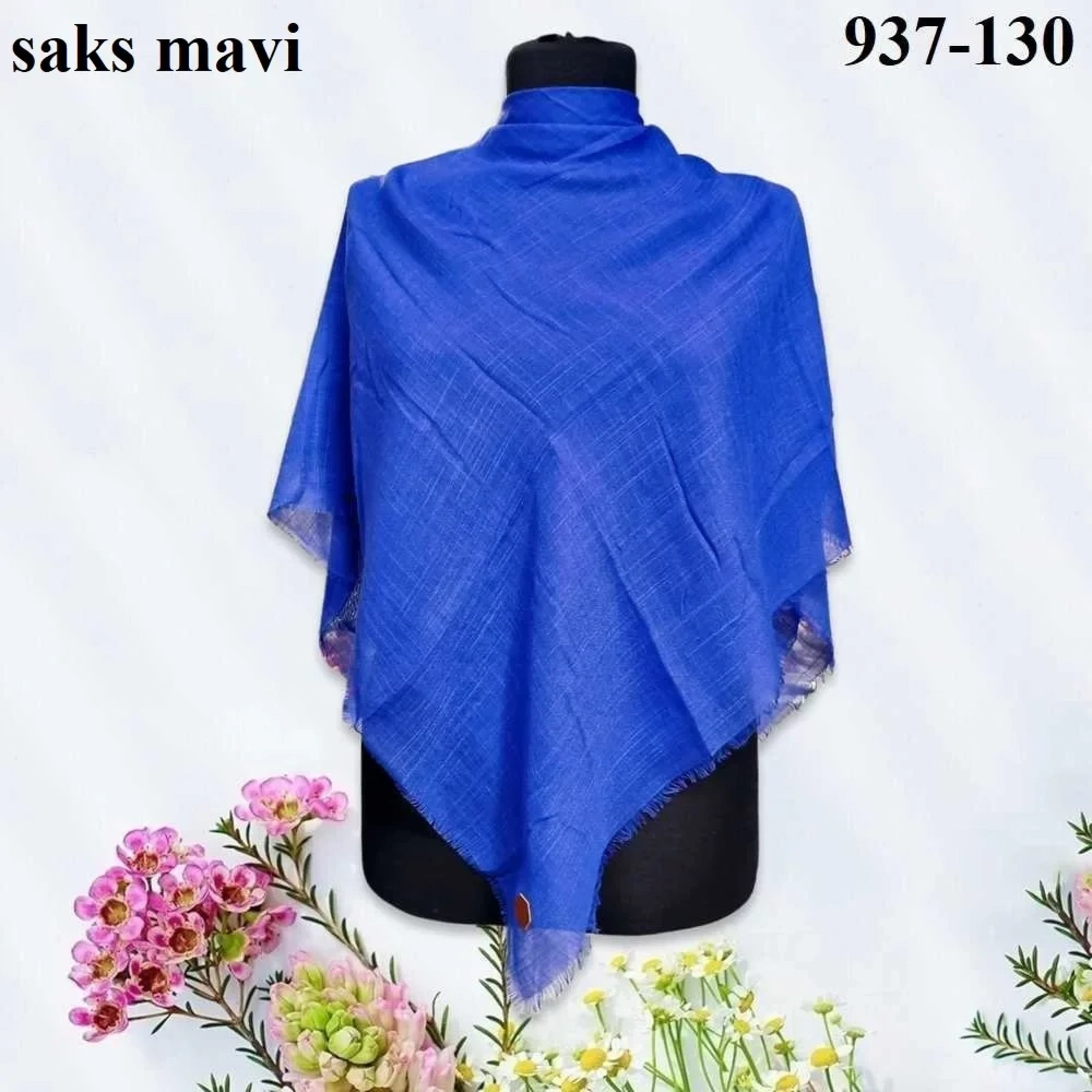 Soft İpek Düz Renk Flamlı Pamuk Eşarp (Saks Mavi) 937-130