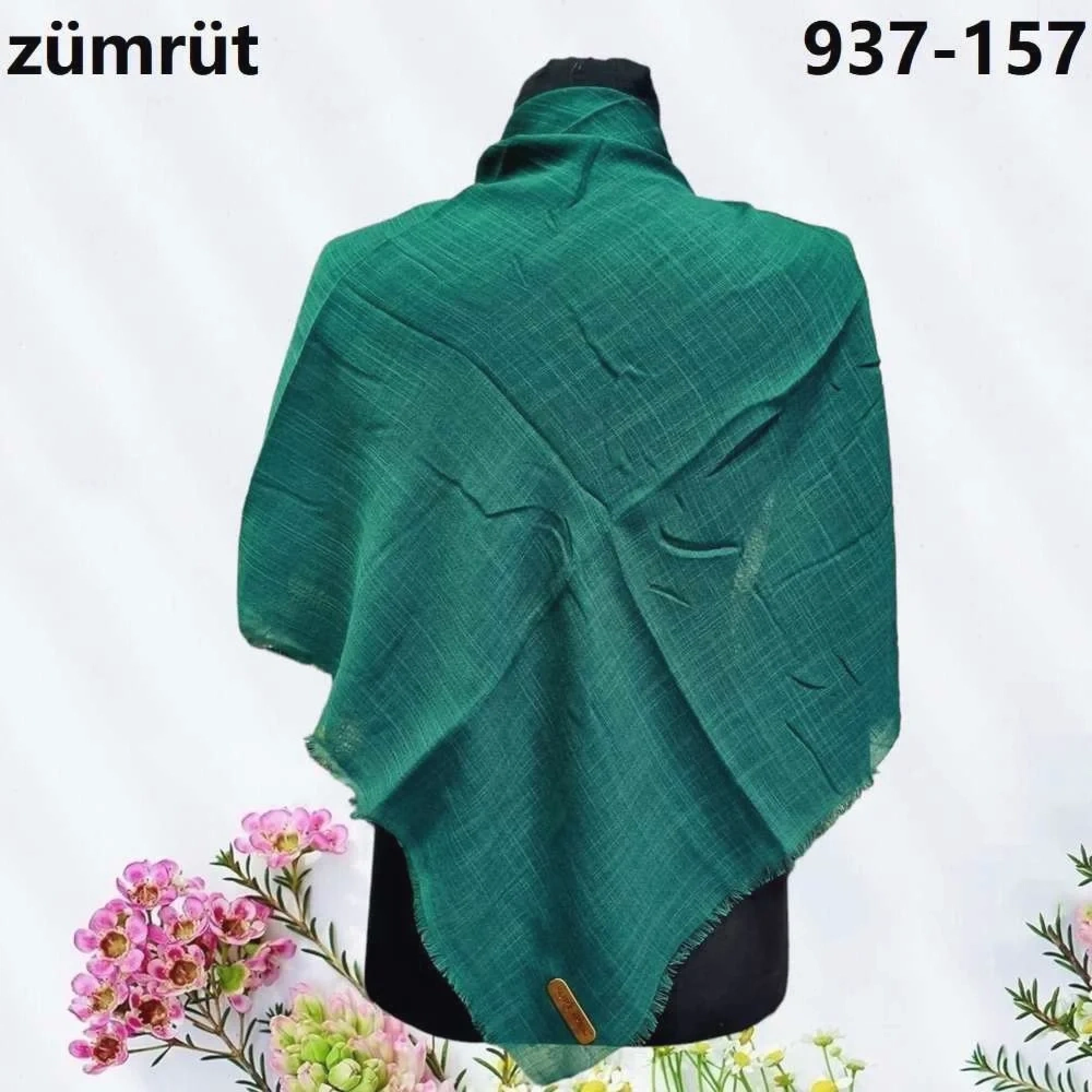 Soft İpek Düz Renk Flamlı Pamuk Eşarp (Zümrüt) 937-157