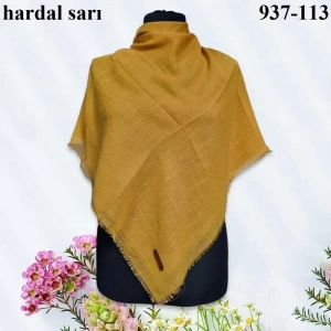 Soft İpek Düz Renk Flamlı Pamuk Eşarp (Hardal Sarı) 937-113