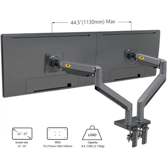 HPY Pazar North Bayou G35 22–32 2–12 kg Ekranlar İçin Masaüstü Çift Kollu Amörtisörlü Monitör Tutucu